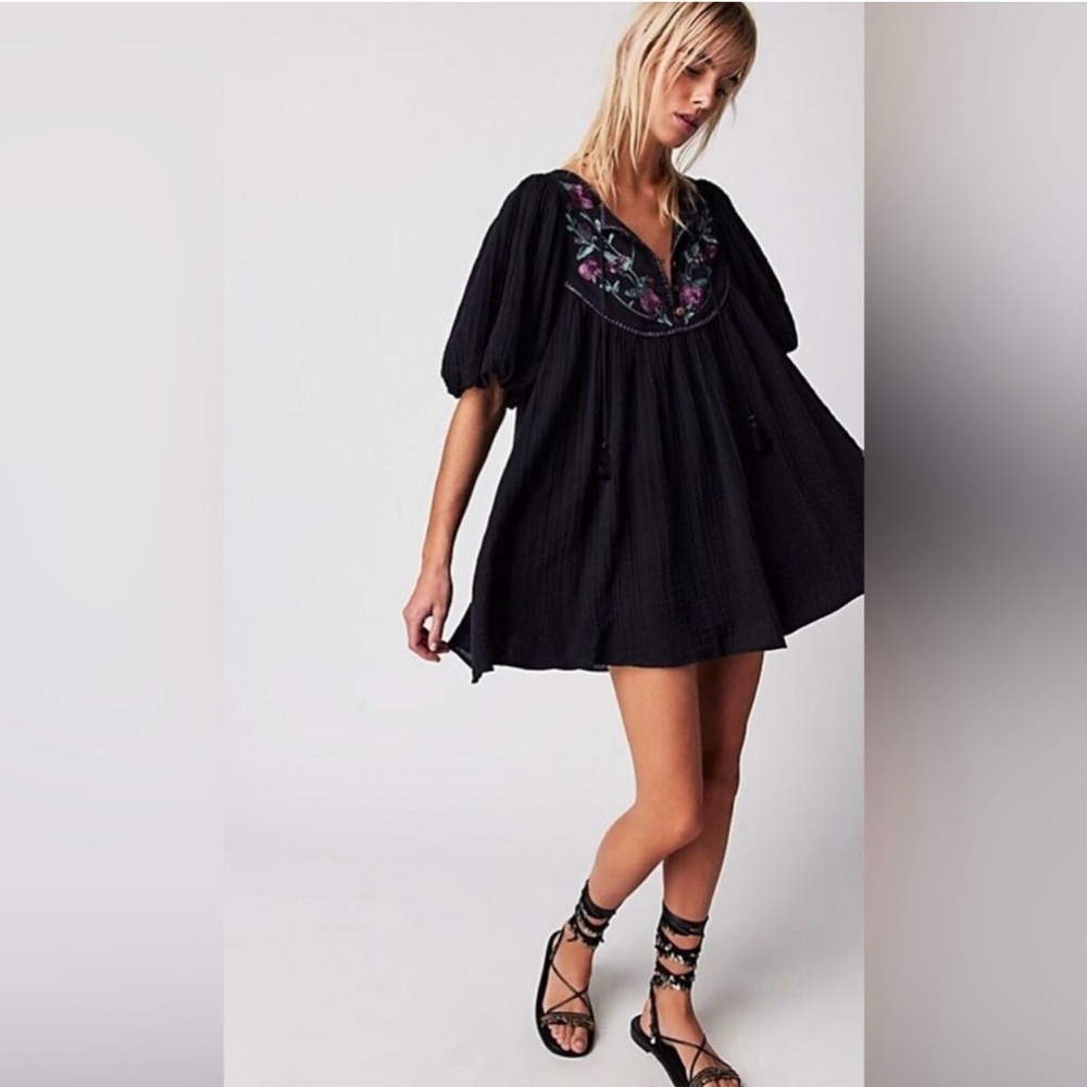 Free People Rosa Linda Black Boho Dress with Floral Embroidery